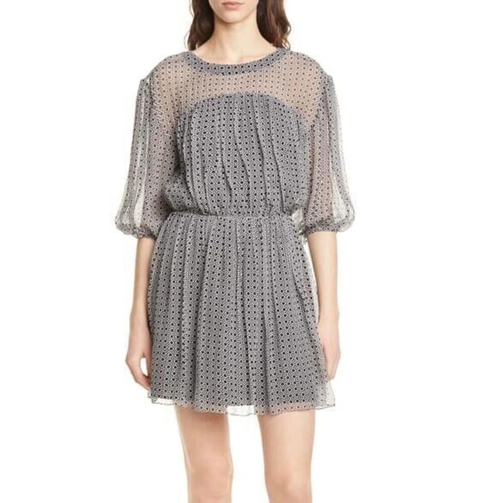 Joie Andora Silk Geo Caviar Chiffon Black White 3/4 Sleeves Mini Lined Dress XXS
